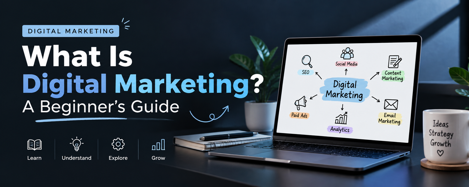 Digital marketing beginner's guide covering SEO, social media, content marketing and analytics